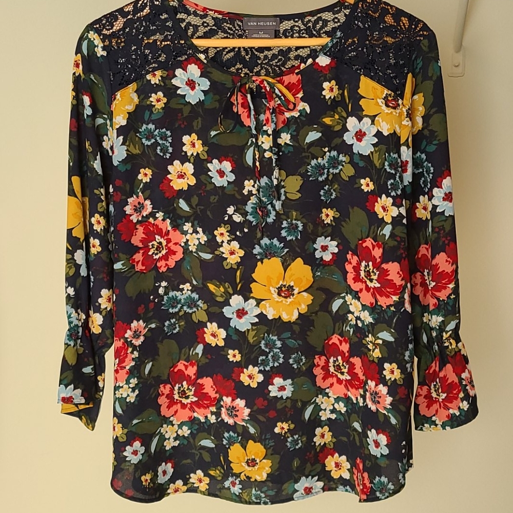 Floral Blouse with Blue Lace